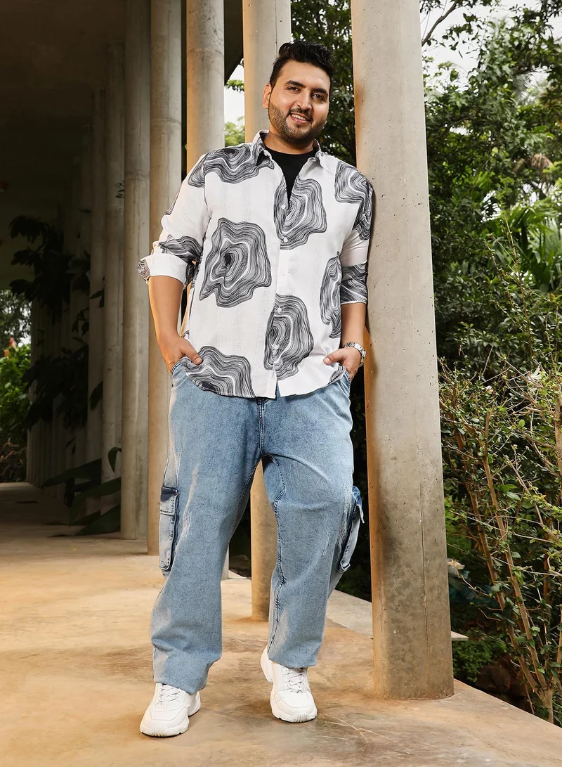 Instafab Plus  Instafab Plus Men's White & Black Contrast-Spool Jacquard Shirt | Spread Collar , Long Cuffed Sleeves , Button Closure , Curved Hemline | Abstract Dobby Cotton-Blend For Street & Casual Wear for Men | Best Price UAE