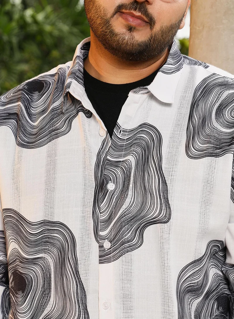 Instafab Plus  Instafab Plus Men's White & Black Contrast-Spool Jacquard Shirt | Spread Collar , Long Cuffed Sleeves , Button Closure , Curved Hemline | Abstract Dobby Cotton-Blend For Street & Casual Wear for Men | Best Price UAE