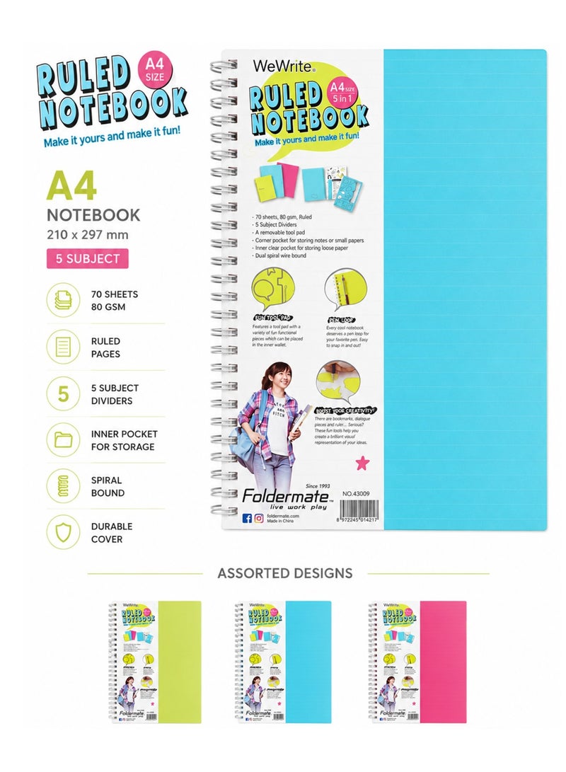 Foldermate 1-Piece A4 Size Spiral Lined Notebook With Five Divisions 150 Sheets Assorted Colours - Image 1