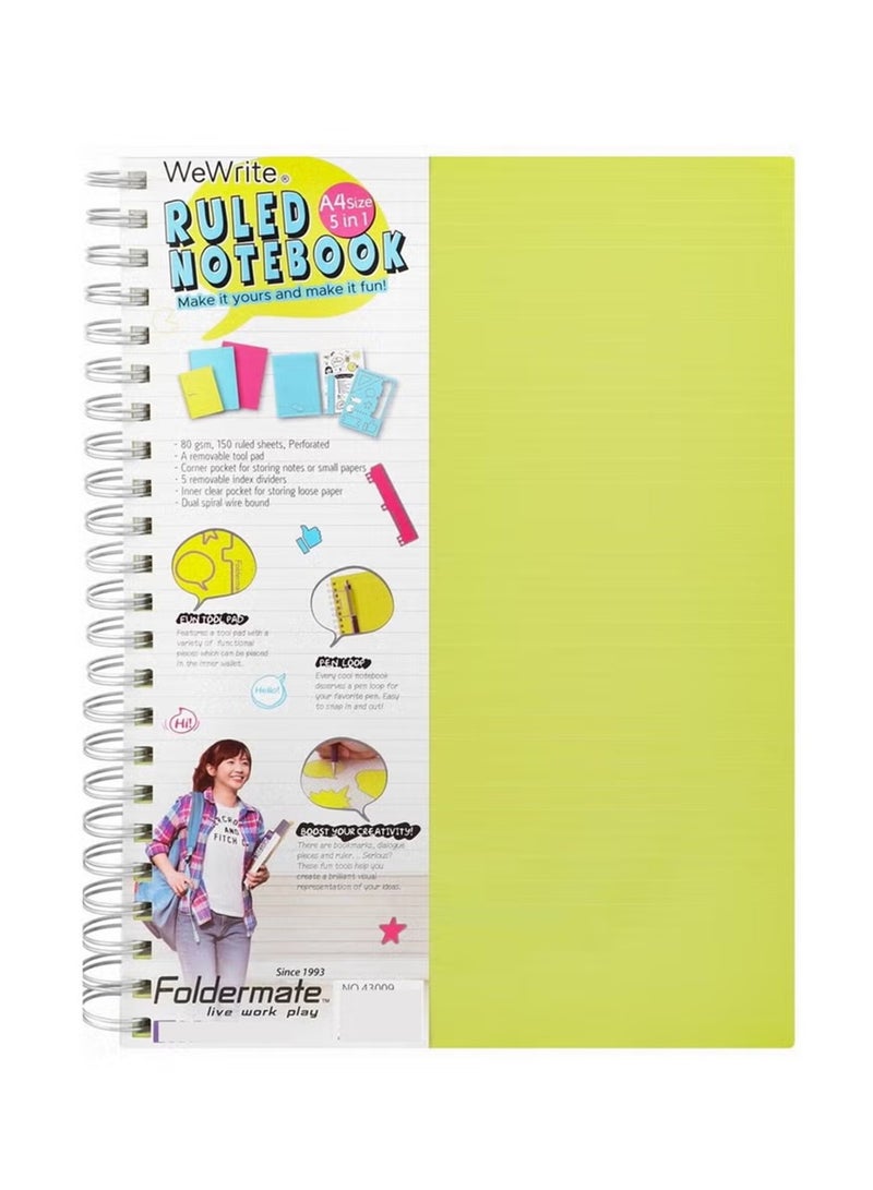 Foldermate 1-Piece A4 Size Spiral Lined Notebook With Five Divisions 150 Sheets Assorted Colours - Image 3