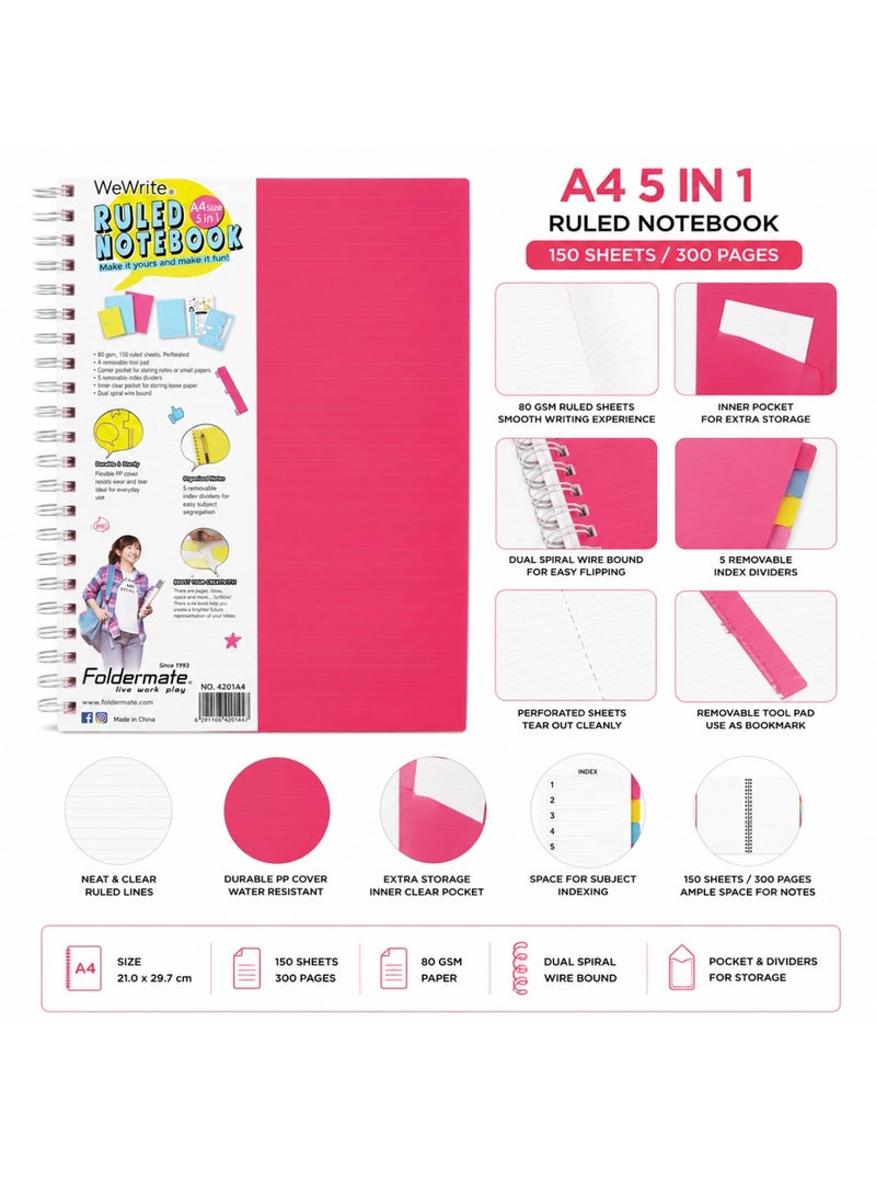 Foldermate 1-Piece A4 Size Spiral Lined Notebook With Five Divisions 150 Sheets Assorted Colours - Image 2