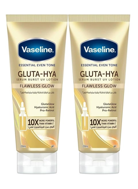 Essential Even Tone Body Lotion Petroleum jelly Flawless Glow Gluta-Hya Serum Burst UV 10X More Powerful than Vitamin C 200ml Pack of 2