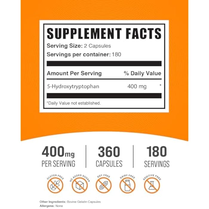 BulkSupplements.com 5-HTP Capsules - 5-Hydroxytryptophan, 5 HTP Supplement - 5-HTP 400mg, for Overall Well-Being - Gluten Free, 2 Capsules per Serving, 360 Count (Pack of 1) - Image 2