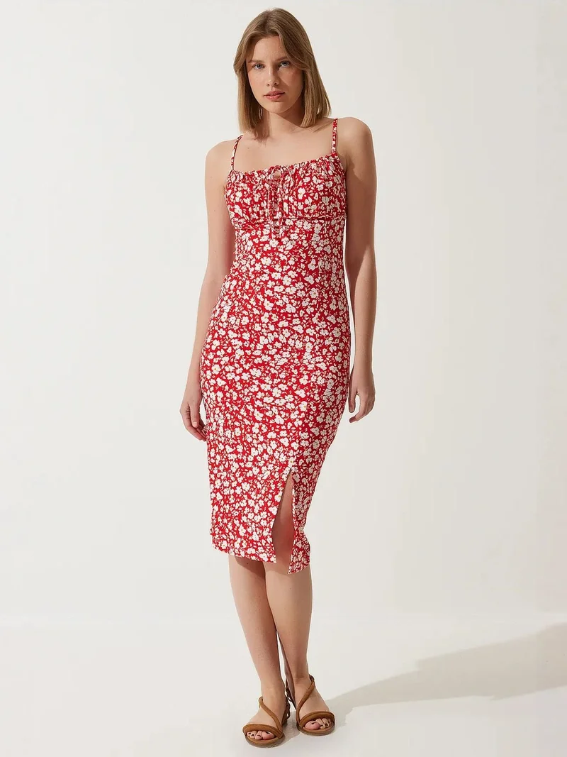 السعادة في إسطنبول ISTANBUL Floral Ribbed Bodycon Midi Dress with Slit