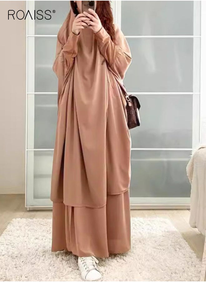roaiss 2-Piece Casual Loose Set Muslim Women's Long Top and Elastic Waist Skirt Wrist Splice Tight Fashion Versatile Set  for Ladies Ramadan Eid al-Adha  - Image 1