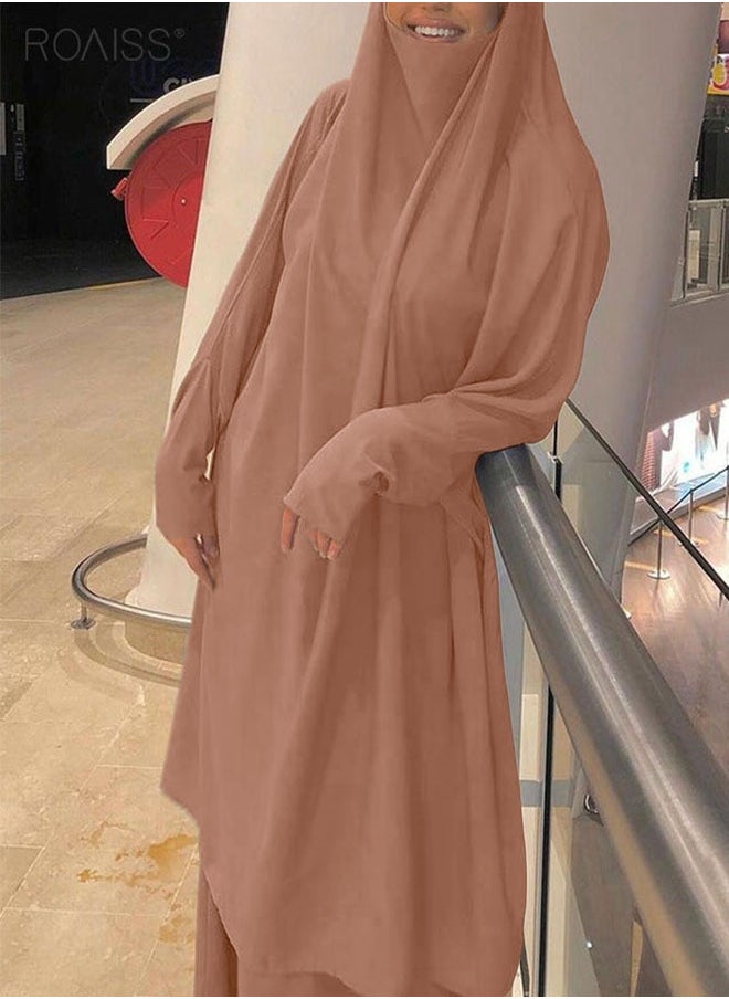 roaiss 2-Piece Casual Loose Set Muslim Women's Long Top and Elastic Waist Skirt Wrist Splice Tight Fashion Versatile Set  for Ladies Ramadan Eid al-Adha  - Image 4
