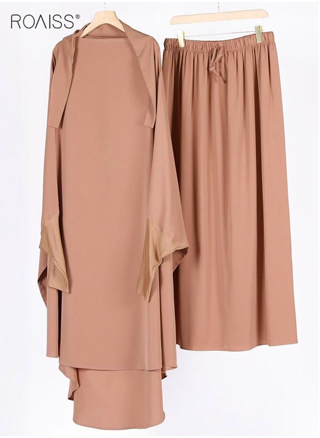 roaiss 2-Piece Casual Loose Set Muslim Women's Long Top and Elastic Waist Skirt Wrist Splice Tight Fashion Versatile Set  for Ladies Ramadan Eid al-Adha  - Image 2