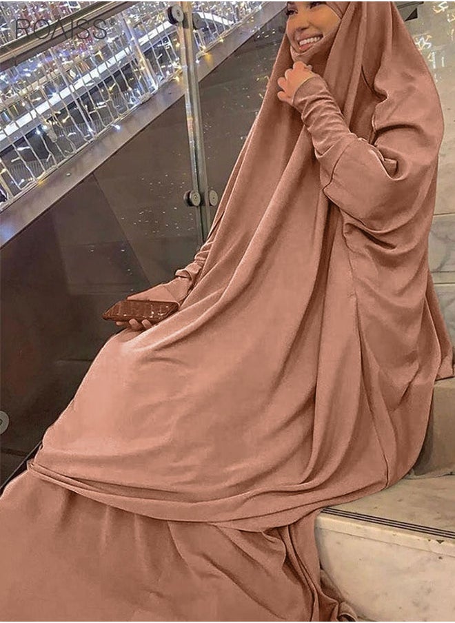 roaiss 2-Piece Casual Loose Set Muslim Women's Long Top and Elastic Waist Skirt Wrist Splice Tight Fashion Versatile Set  for Ladies Ramadan Eid al-Adha  - Image 5