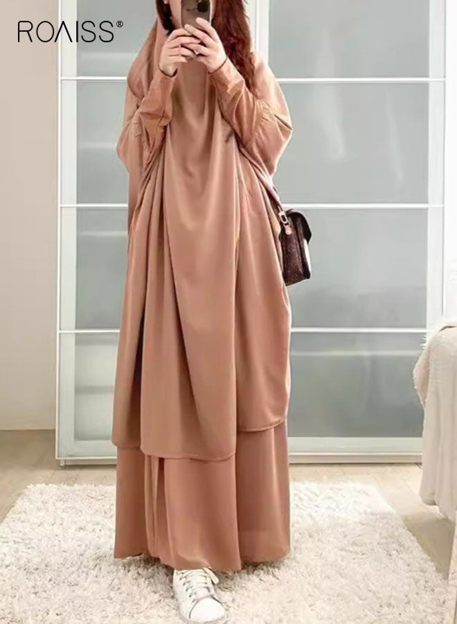 roaiss 2-Piece Casual Loose Set Muslim Women's Long Top and Elastic Waist Skirt Wrist Splice Tight Fashion Versatile Set  for Ladies Ramadan Eid al-Adha  - Image 1