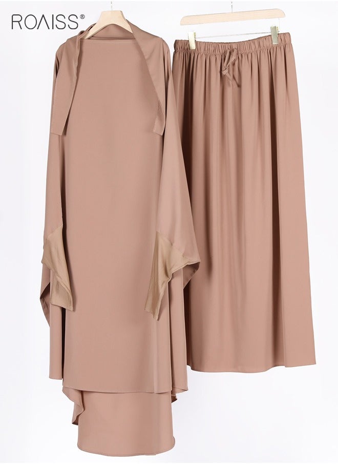 roaiss - 2-Piece Casual Loose Set Muslim Women's Long Top and Elastic Waist Skirt Wrist Splice Tight Fashion Versatile Set - Image 1