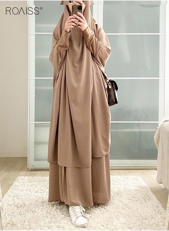 roaiss - 2-Piece Casual Loose Set Muslim Women's Long Top and Elastic Waist Skirt Wrist Splice Tight Fashion Versatile Set - Image 1