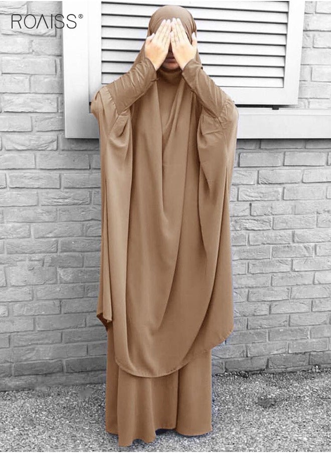 roaiss - 2-Piece Casual Loose Set Muslim Women's Long Top and Elastic Waist Skirt Wrist Splice Tight Fashion Versatile Set - Image 1