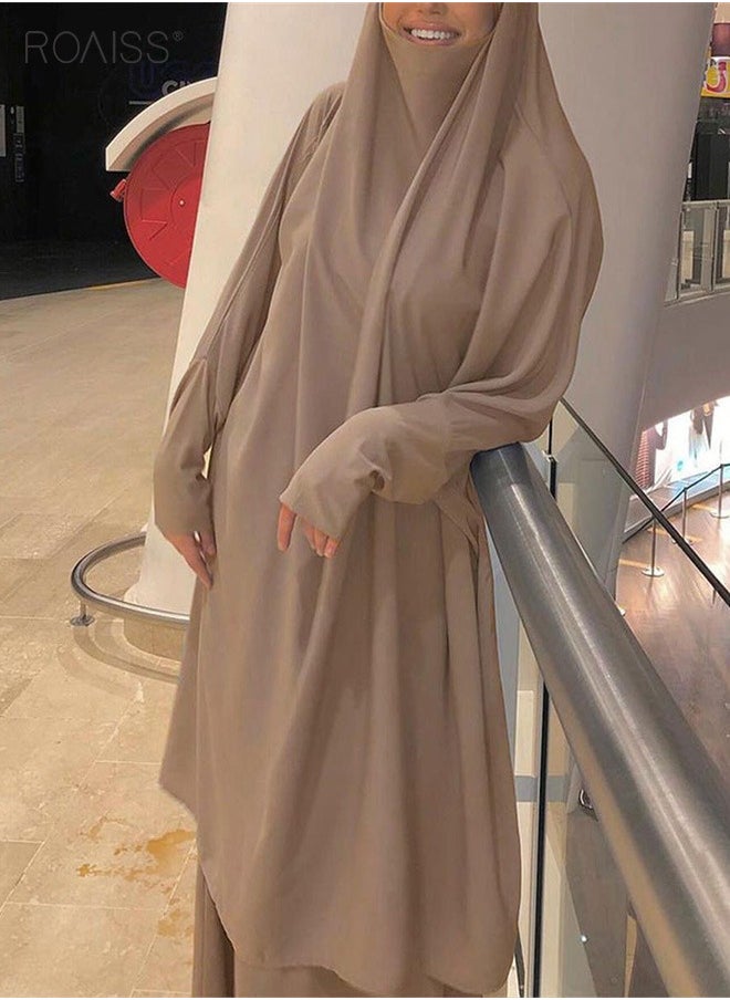 roaiss - 2-Piece Casual Loose Set Muslim Women's Long Top and Elastic Waist Skirt Wrist Splice Tight Fashion Versatile Set - Image 1