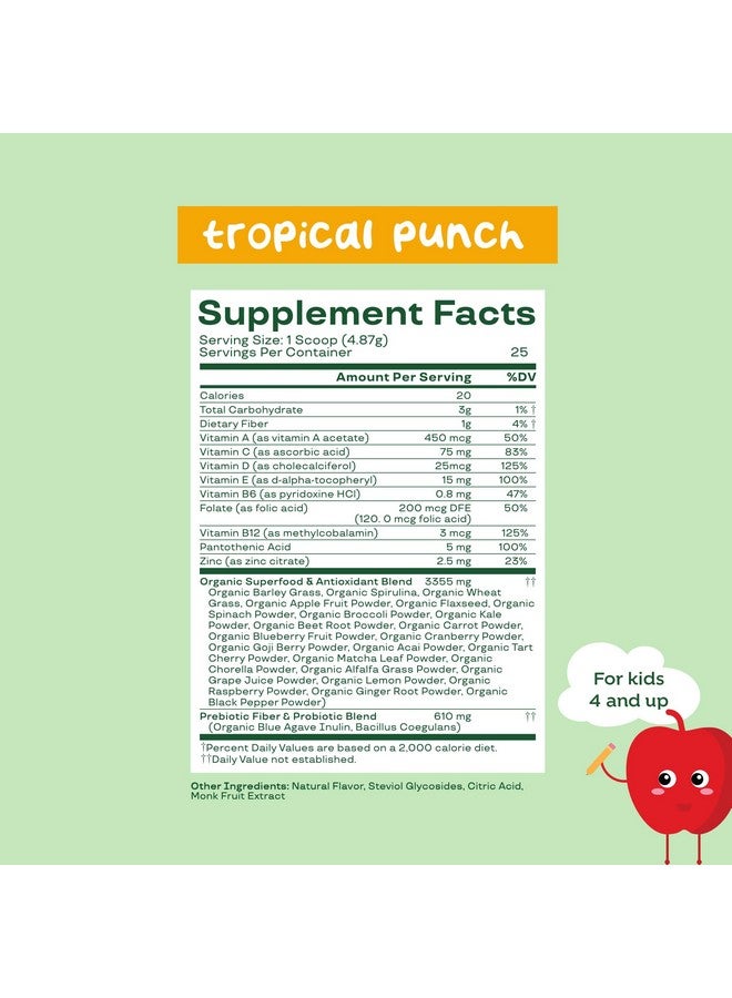 Bloom Nutrition مسحوق الخضروات الفائقة من بلوم للتغذية للأطفال، إنزيمات هضمية، بروبيوتيك، بريبيوتيك، صحة الأمعاء، كلوريلا، مزيج عصير أخضر مع مسحوق جذر الشمندر (25 حصة (عبوة من 1)، نكهة البونش الاستوائية) - Image 5