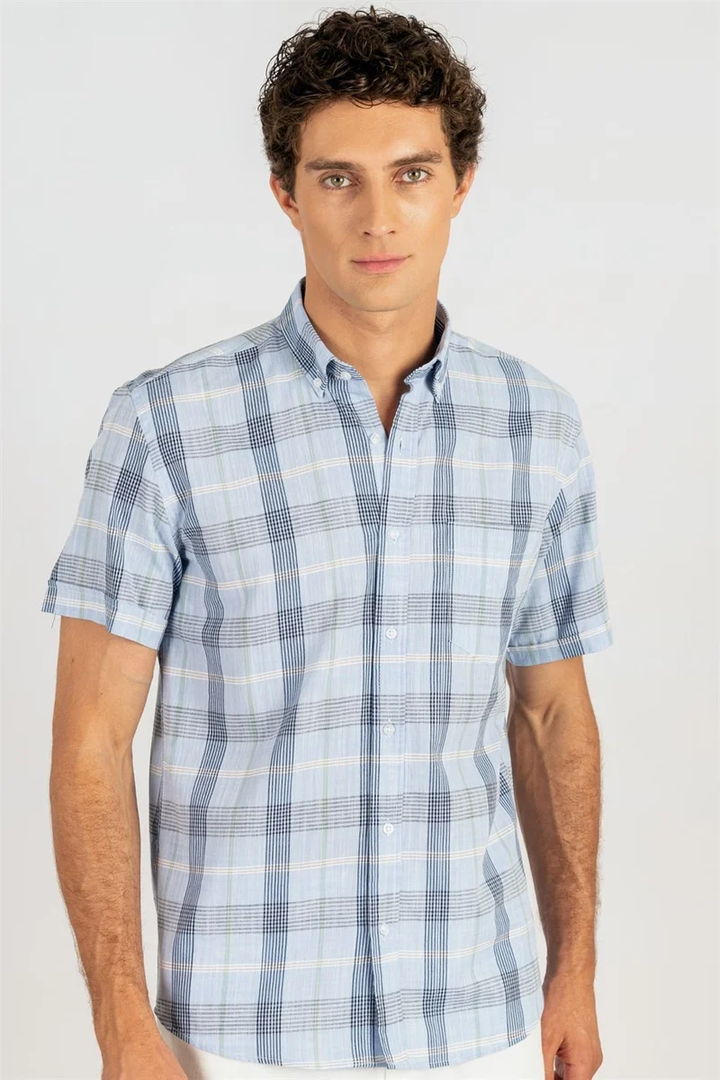 تودورس Classic Short Sleeve Plaid Linen Cotton Men's Shirt with Pockets
