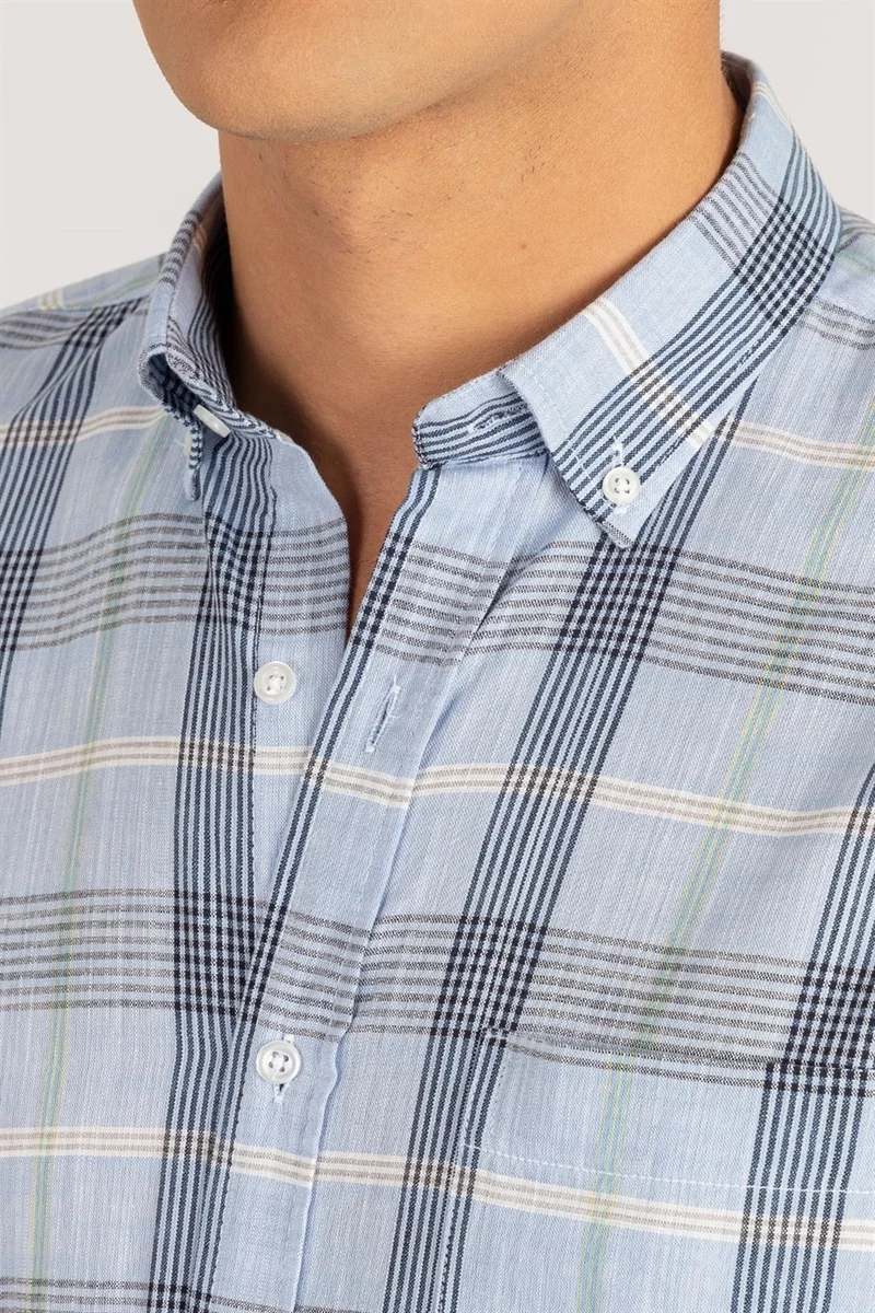 Tudors Classic Short Sleeve Plaid Linen Cotton Men's Shirt with Pockets