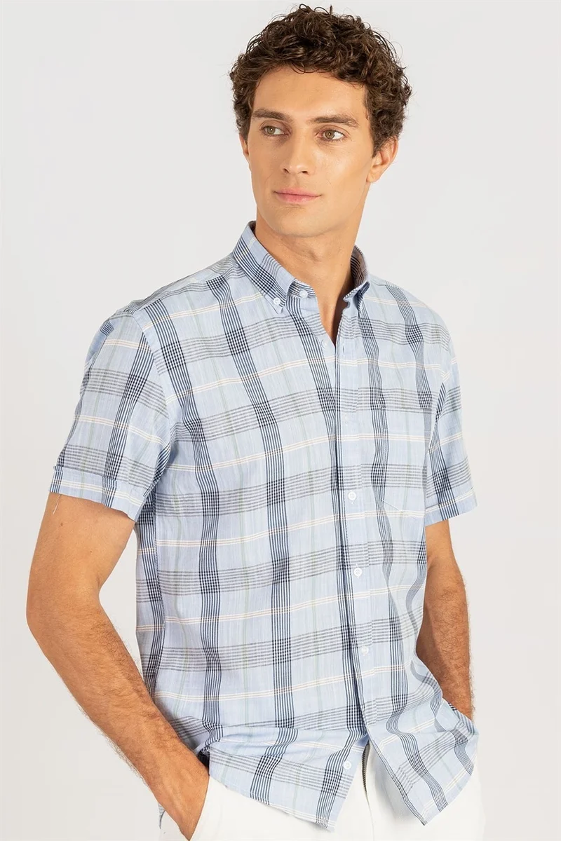 تودورس Classic Short Sleeve Plaid Linen Cotton Men's Shirt with Pockets