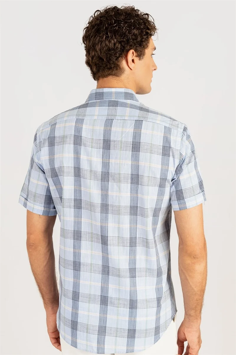 Tudors Classic Short Sleeve Plaid Linen Cotton Men's Shirt with Pockets