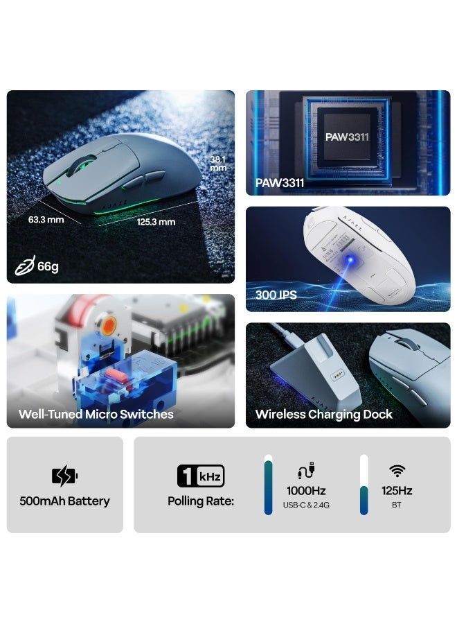 A-jazz AJ139 V2 MC Wireless Gaming Mouse, RGB Charging Dock, PAW3311 Sensor, Lightweight Design, 22,000 DPI, Three Connection Modes (Bluetooth/2.4 GHz/Wired), 5 Programmable Buttons, Compatible with PC/Mac - Black - Image 2