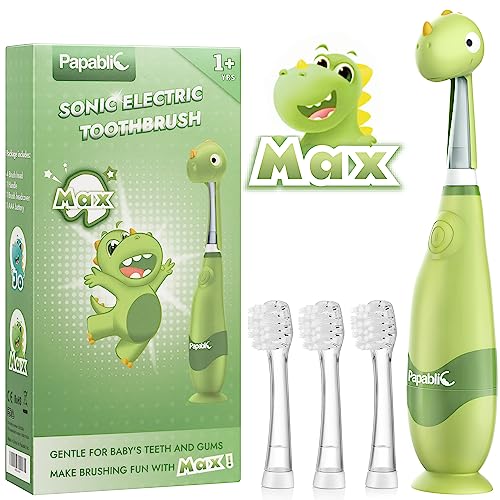 Papablic Toddler Sonic Electric Toothbrush Kids for Ages 1-3 Years, Baby Electric Toothbrush with Cute Dino Cover and Smart LED Timer, 4 Brush Heads (Max) - Image 1