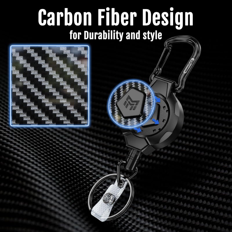 MNGARISTA 2-Pack Retractable Keychain, Heavy Duty 10 OZ Retraction 3K Carbon Fiber ID Badge Reel, Carabiner Badge Holder Hook Upgraded 31.5" Stainless Steel Cord Lanyard with Clip Strap and Key Ring - Image 2