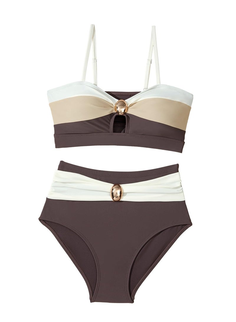 Herseas Women's 2 Piece Brown Contrast Color Bikini Sets Oval Metal Wire Free Swim Suits 2026 High Waisted Ruched Modest Sporty Bathing Suits Summer Flattering Resort Outfits Large - Image 5