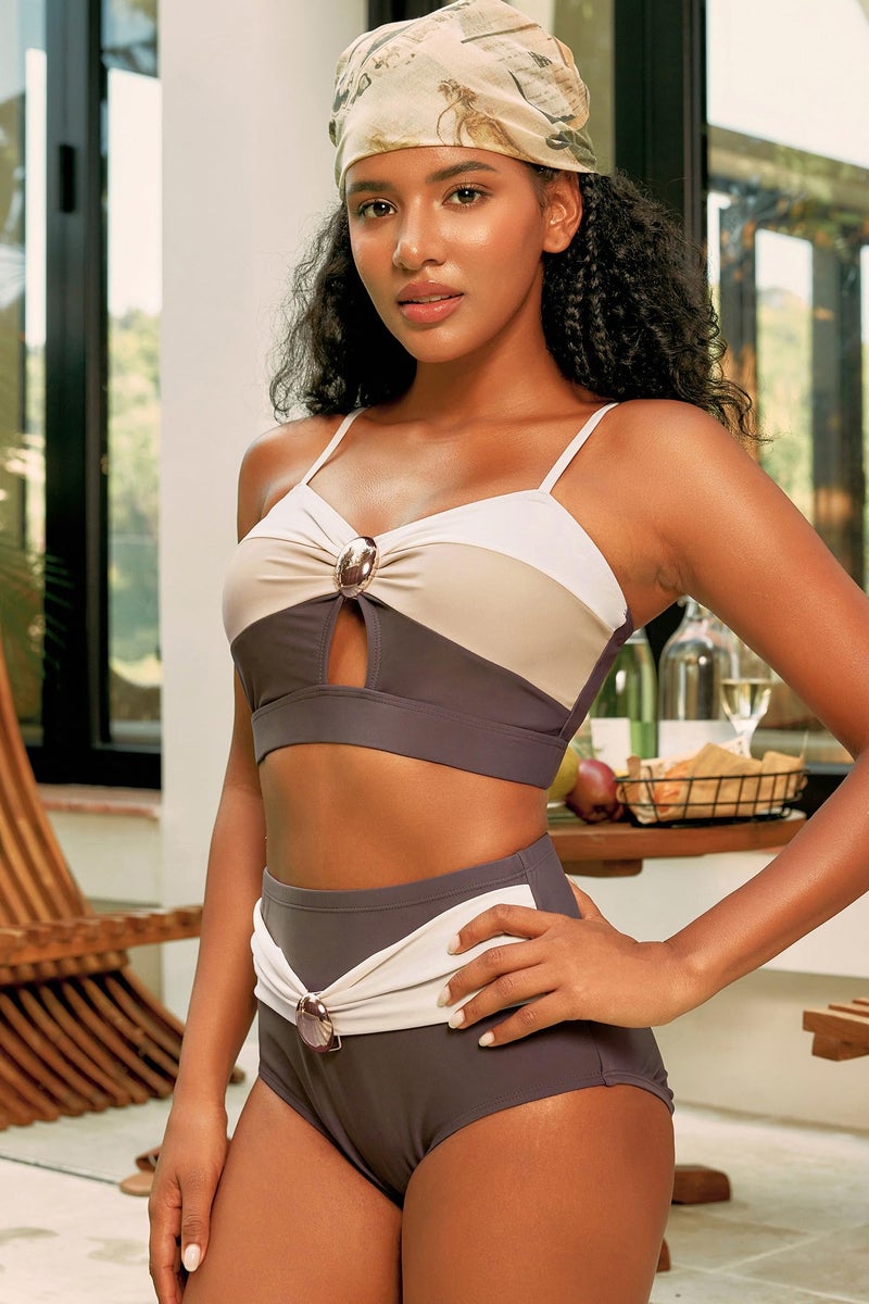 Herseas Women's 2 Piece Brown Contrast Color Bikini Sets Oval Metal Wire Free Swim Suits 2026 High Waisted Ruched Modest Sporty Bathing Suits Summer Flattering Resort Outfits Large - Image 2
