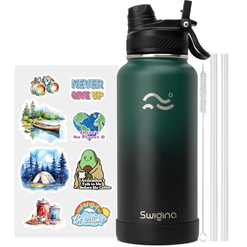 Swigina Insulated Water Bottle with Silicone Boot (36hrs Cold/18hrs Hot) - DIY Stickers, [2-in-1 Lid], BPA Free, 32 oz - Image 1