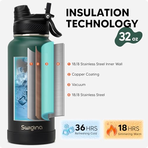 Swigina Insulated Water Bottle with Silicone Boot (36hrs Cold/18hrs Hot) - DIY Stickers, [2-in-1 Lid], BPA Free, 32 oz - Image 3