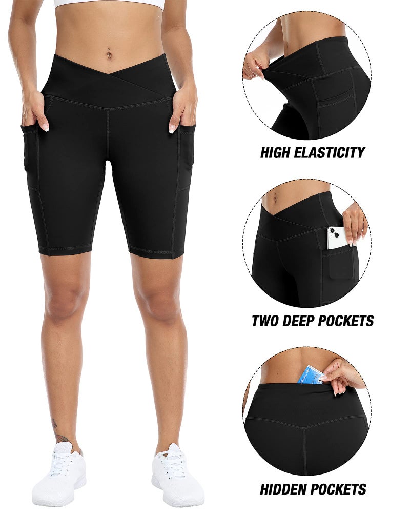 WHOUARE 4 Pack Biker Yoga Shorts with Pockets for Women,V Crossover High Waisted Athletic Running Workout Gym Shorts Tummy Control,Black,Navy,Dark Gray,Nude,S - Image 3