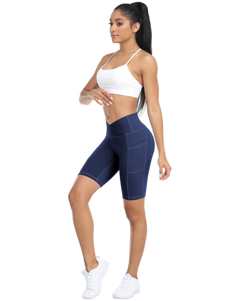 WHOUARE 4 Pack Biker Yoga Shorts with Pockets for Women,V Crossover High Waisted Athletic Running Workout Gym Shorts Tummy Control,Black,Navy,Dark Gray,Nude,S - Image 4