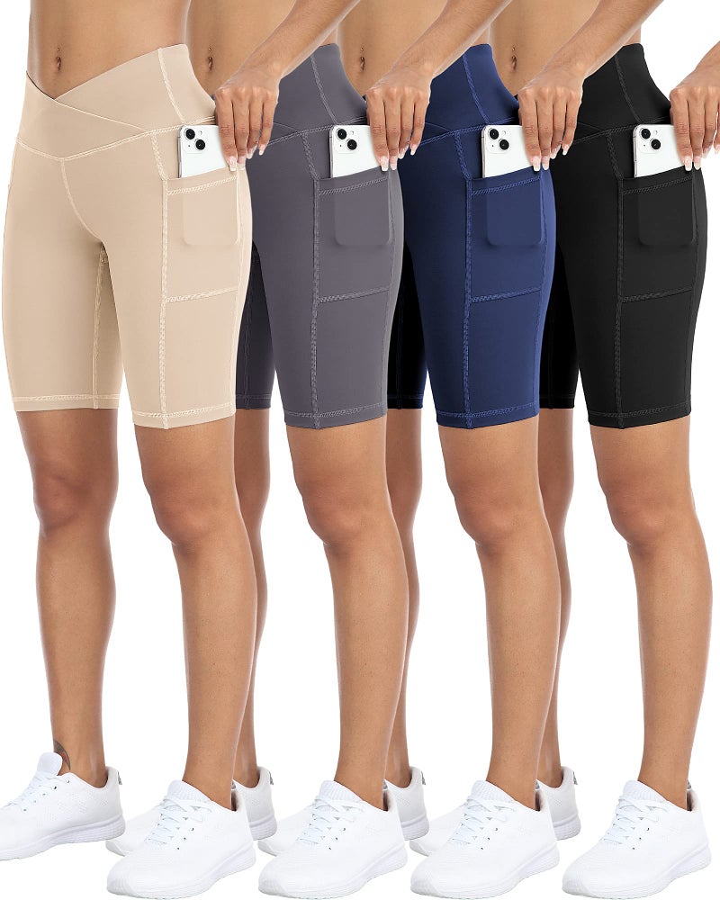 WHOUARE 4 Pack Biker Yoga Shorts with Pockets for Women,V Crossover High Waisted Athletic Running Workout Gym Shorts Tummy Control,Black,Navy,Dark Gray,Nude,S - Image 1