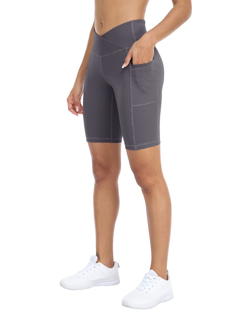 WHOUARE 4 Pack Biker Yoga Shorts with Pockets for Women,V Crossover High Waisted Athletic Running Workout Gym Shorts Tummy Control,Black,Navy,Dark Gray,Nude,S - Image 2