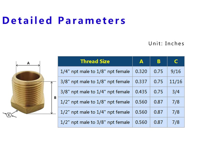 TL TOOLEGIN 3/8" NPT Male x 1/4" NPT Female Brass Bushing Reducer Adapter Reducing Pipe Fitting 5pcs 1200 PSI - Image 2