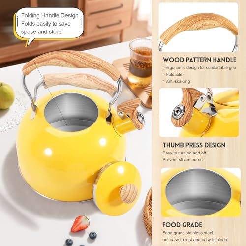 GGC Whistling Tea Kettle for Stove Top, 85OZ/2.6QT Stainless Steel Tea Kettles for Boiling Water Milik or Coffee, Yellow Tea Pots with Wood Pattern Folding Handle, Thumb Design Control Kettle Outlet - Image 2