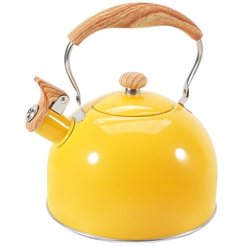 GGC Whistling Tea Kettle for Stove Top, 85OZ/2.6QT Stainless Steel Tea Kettles for Boiling Water Milik or Coffee, Yellow Tea Pots with Wood Pattern Folding Handle, Thumb Design Control Kettle Outlet - Image 1