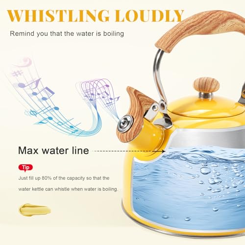 GGC Whistling Tea Kettle for Stove Top, 85OZ/2.6QT Stainless Steel Tea Kettles for Boiling Water Milik or Coffee, Yellow Tea Pots with Wood Pattern Folding Handle, Thumb Design Control Kettle Outlet - Image 3