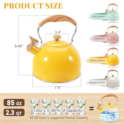 GGC Whistling Tea Kettle for Stove Top, 85OZ/2.6QT Stainless Steel Tea Kettles for Boiling Water Milik or Coffee, Yellow Tea Pots with Wood Pattern Folding Handle, Thumb Design Control Kettle Outlet - Image 5
