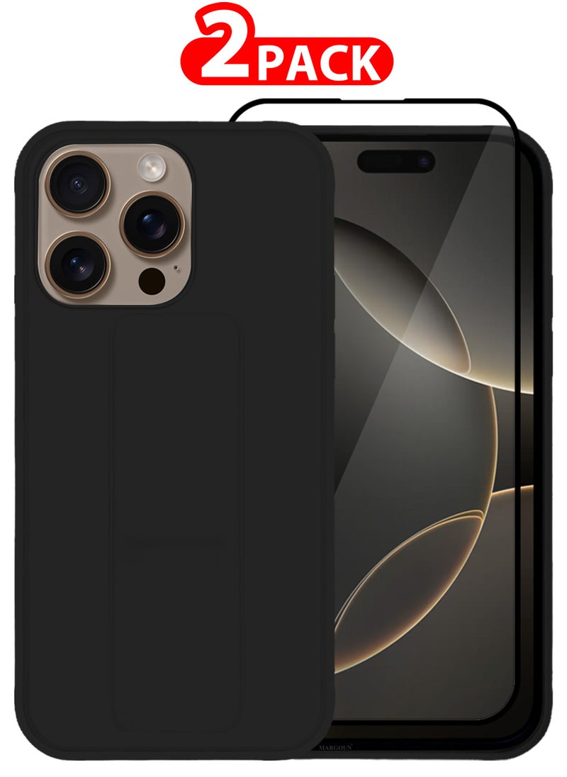 CATANES - (for Apple iPhone 16 Pro Max) 2Packs , Case Cover PU Leather Back Cover with Stand Function and Finger Grip, Shockproof Screen Protector / Black - Image 1