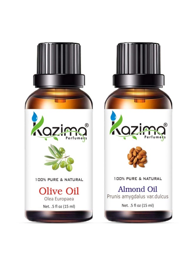 KAZIMA 100% Pure Cold Pressed Olive & Almond Carrier Oil Combo - 15ml Each, Ideal for Massage, Hair Growth & Skin Moisturizing, Unisex Adults - Image 1