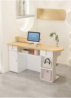 1-Piece Multifunctional Curved Round Edge Design Cashier Reception Counter Table Home Office Front Desk Computer Table with Drawers and Decor Light for Clothing Store Salon Offices 100x50x105 cm