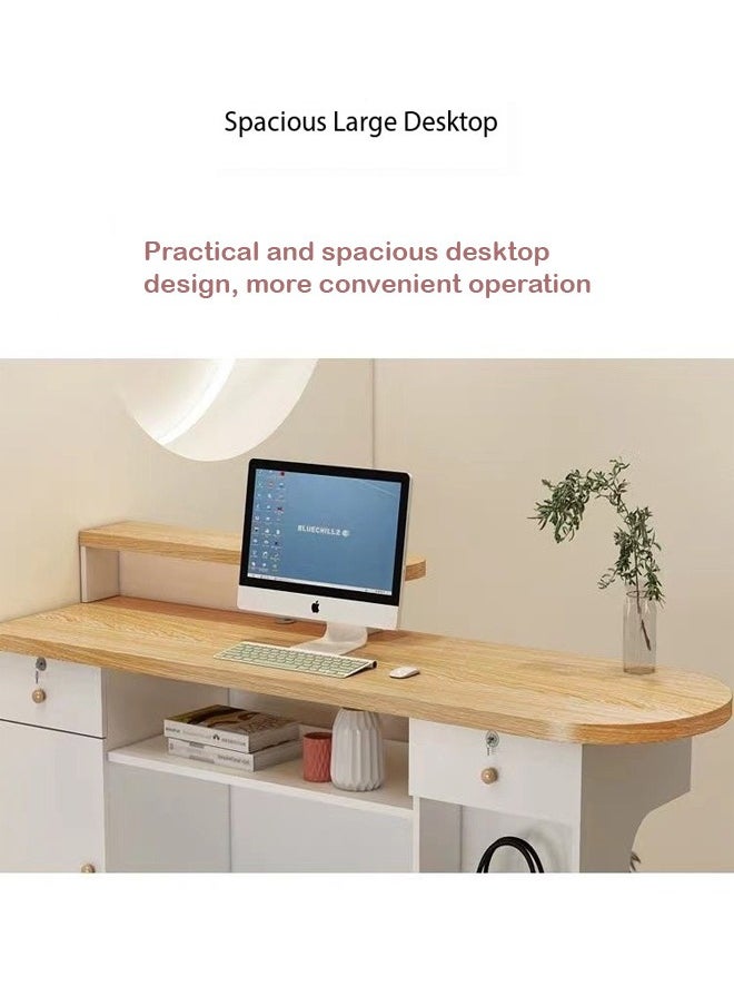 Raffine - 1-Piece Multifunctional Curved Round Edge Design Cashier Reception Counter Table Home Office Front Desk Computer Table with Drawers and Decor Light for Clothing Store Salon Offices 100x50x105 cm - Image 1