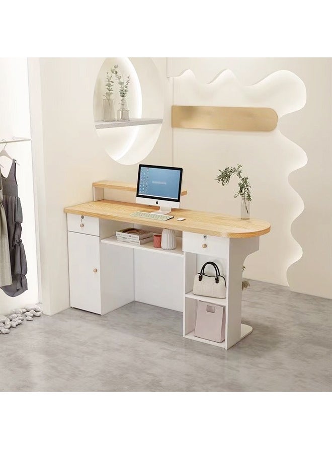 Raffine - 1-Piece Multifunctional Curved Round Edge Design Cashier Reception Counter Table Home Office Front Desk Computer Table with Drawers and Decor Light for Clothing Store Salon Offices 100x50x105 cm - Image 1