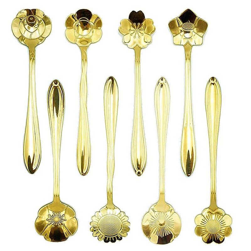 ERCRYSTO Stainless Steel Tableware Creative Flower Coffee Spoon Stirring Spoon Sugar Spoon Mixing Spoon Tea Spoon Ice Cream Spoon 8 Different Patterns in 1 Set Color Golden