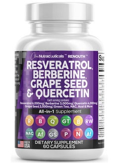 Clean Nutraceuticals Resveratrol 6000Mg Berberine 3000Mg Grape Seed Extract 3000Mg Quercetin 4000Mg Green Tea Extract Polyphenol Supplement For Women And Men With Nacetyl Cysteine Acai Extract Made In Usa 60 Caps  - Image 1