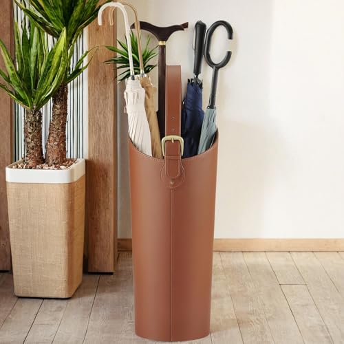 ELPMD Brown Artificial Leather Tall Umbrella Holer Entryway Indoor for Business Office,22.4 Inch Umbrella Stand Entryway with Removable Water Tray 2 Hooks - Image 3