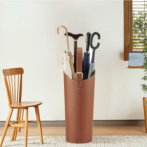 ELPMD Brown Artificial Leather Tall Umbrella Holer Entryway Indoor for Business Office,22.4 Inch Umbrella Stand Entryway with Removable Water Tray 2 Hooks - Image 5