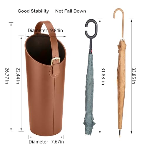 ELPMD Brown Artificial Leather Tall Umbrella Holer Entryway Indoor for Business Office,22.4 Inch Umbrella Stand Entryway with Removable Water Tray 2 Hooks - Image 2