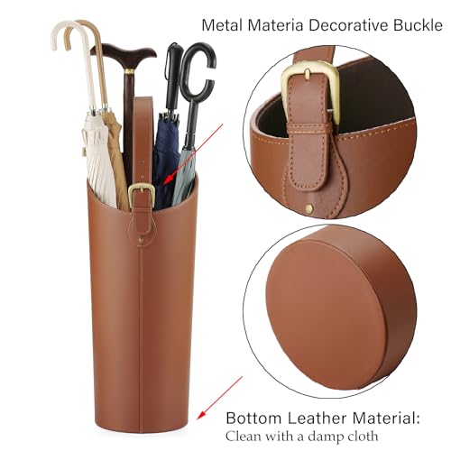 ELPMD Brown Artificial Leather Tall Umbrella Holer Entryway Indoor for Business Office,22.4 Inch Umbrella Stand Entryway with Removable Water Tray 2 Hooks - Image 4