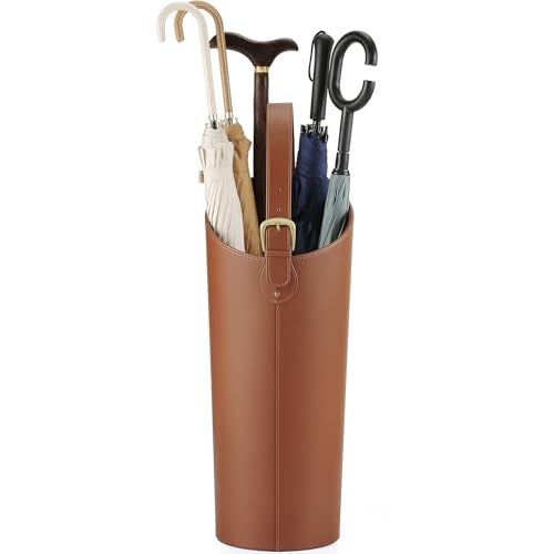 ELPMD Brown Artificial Leather Tall Umbrella Holer Entryway Indoor for Business Office,22.4 Inch Umbrella Stand Entryway with Removable Water Tray 2 Hooks - Image 1